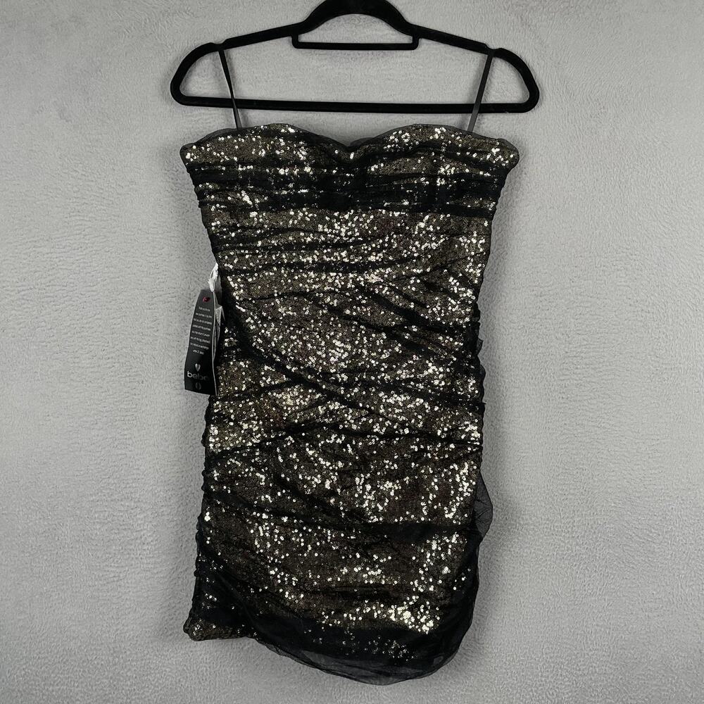 Bebe Dress Womens Large Gold Sequin Strapless Mesh Bodycon Mini Cocktail Party